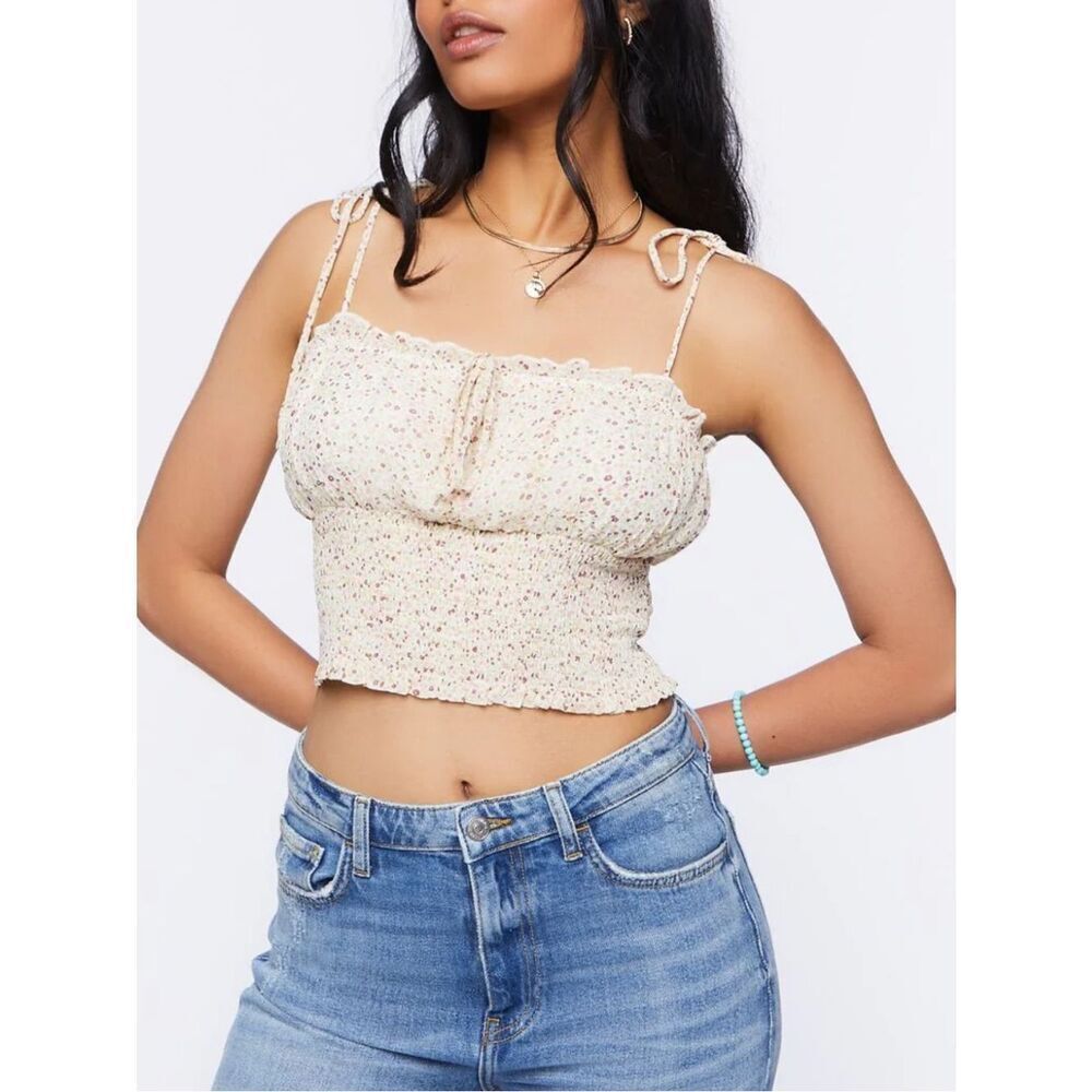 Forever 21 Cream Floral baby doll Smocked Tie-Strap Crop Top
